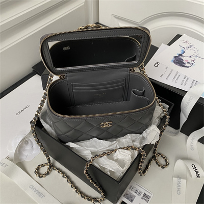 Cha.nel Vanity Case With Top Handle Lambskin Gold Tone Metal Dk Grey AP2199