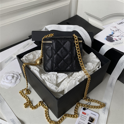 Cha.nel Vanity Case Grained Calfskin Gold Tone Metal Black AP3203