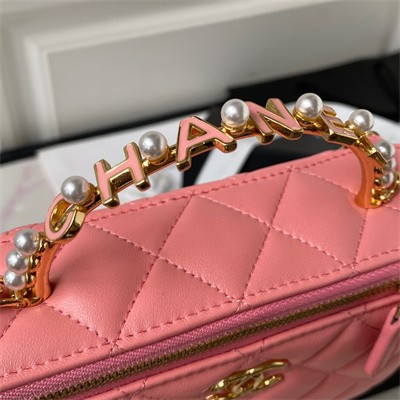 Cha.nel Vanity Case With Top Handle Lambskin Gold Tone Metal Pink AP3515