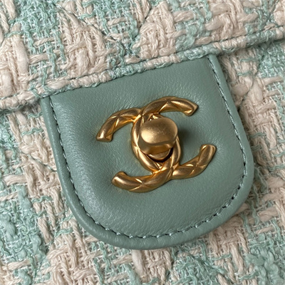 Cha.nel Vanity Case With Top Handle Wool Tweed Gold Tone Metal Green AS3973