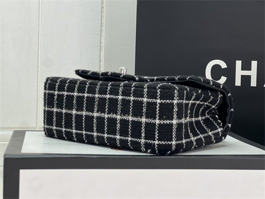 Cha.nel Mini Classic Flap Bag Tweed Silver Tone Metal Black A01116