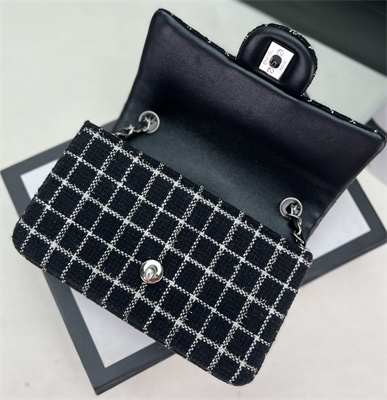 Cha.nel Mini Classic Flap Bag Tweed Silver Tone Metal Black A01116