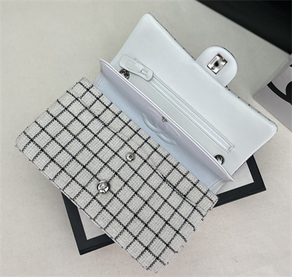 Cha.nel Medium Classic Flap Bag Tweed Silver Tone Metal White A01112