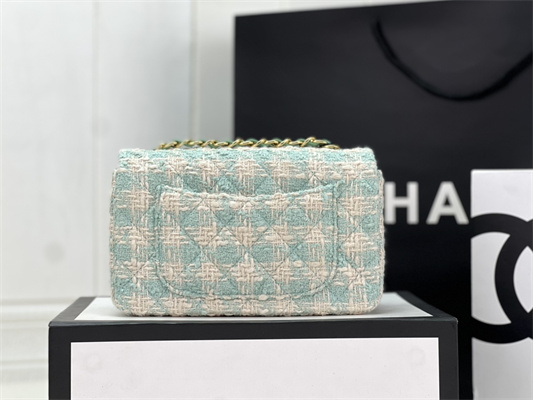 Cha.nel Medium Classic Flap Bag Tweed Gold Tone Metal Green A01112