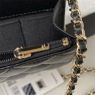 Cha.nel Clutch/Phone Holder With Chain Gold Tone Metal Black AP3226