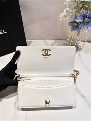 Cha.nel Clutch With Chain Grained Calfskin Gold Tone Metal White AP3581