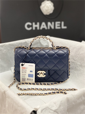 Cha.nel Mini Flap Bag With Diamond Top Handle Lambskin Gold Tone Metal Navy AS4140