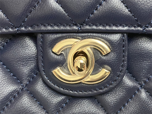 Cha.nel Mini Flap Bag With Diamond Top Handle Lambskin Gold Tone Metal Navy AS4140