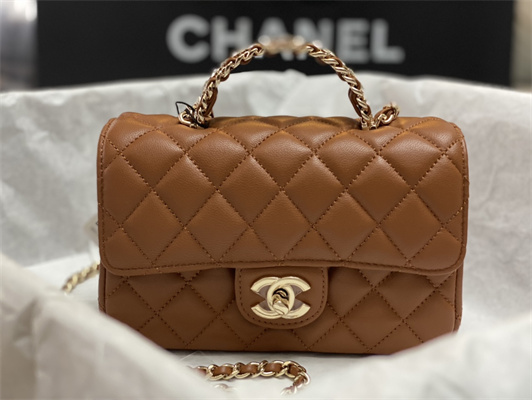 Cha.nel Mini Flap Bag With Diamond Top Handle Lambskin Gold Tone Metal Brown AS4140