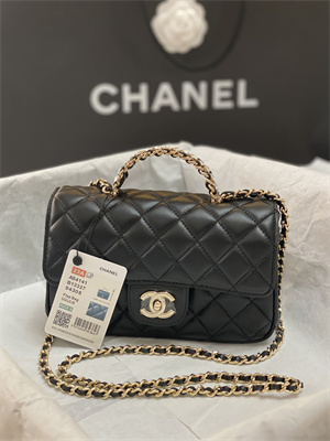 Cha.nel Small Flap Bag With Diamond Top Handle Lambskin Gold Tone Metal Black AS4141