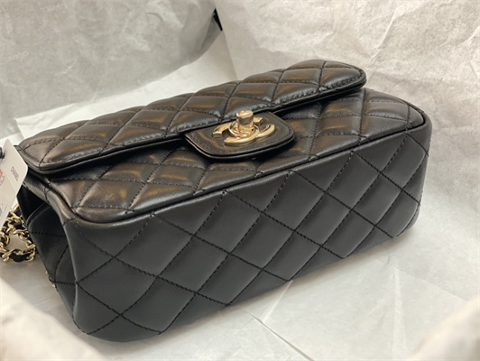 Cha.nel Small Flap Bag With Diamond Top Handle Lambskin Gold Tone Metal Black AS4141