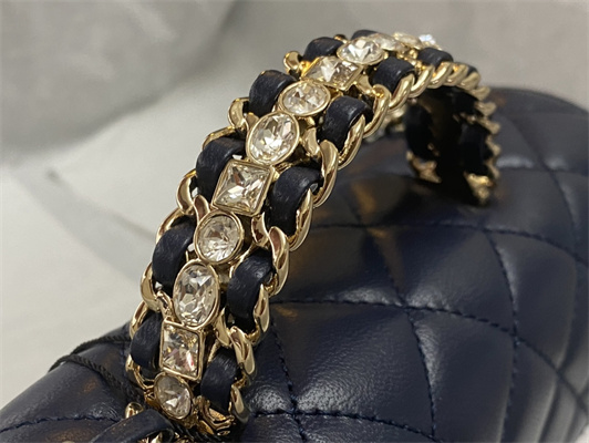 Cha.nel Small Flap Bag With Diamond Top Handle Lambskin Gold Tone Metal Navy AS4141