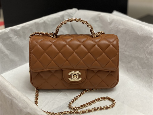 Cha.nel Small Flap Bag With Diamond Top Handle Lambskin Gold Tone Metal Brown AS4141