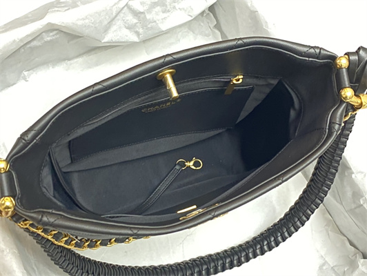 Cha.nel Hobo Handbag Tote Bag Calfskin Gold Tone Metal Black AS4210