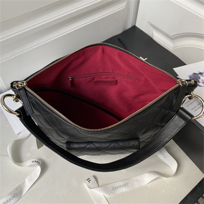 Cha.nel Large Hobo Bag Calfskin Gold Tone Metal Black AS4347