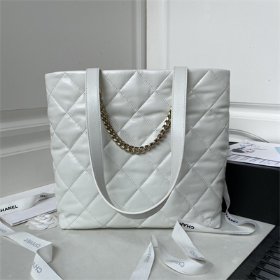 Cha.nel Tote Bag Calfskin Gold Tone Metal White AS4359
