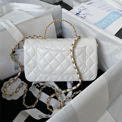Cha.nel Mini Flap Bag With Top Handle Lambskin Gold Tone Metal White AS4362