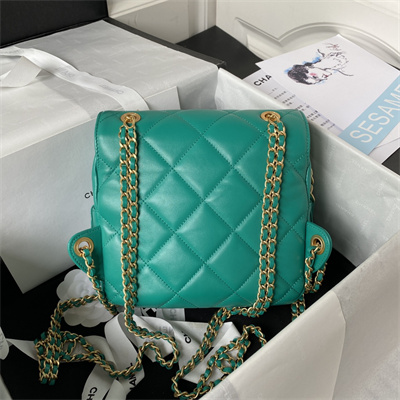 Cha.nel Backpack Lambskin Gold Tone Metal Green AS3884