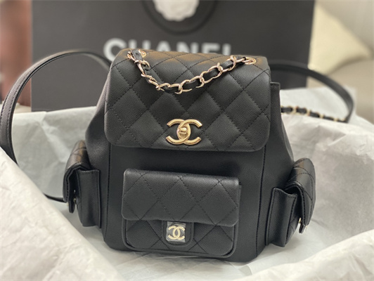 Cha.nel Backpack Grained Calfskin Gold Tone Metal Black AS4398