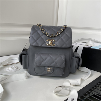 Cha.nel Backpack Grained Calfskin Gold Tone Metal Grey AS4398