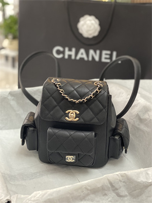 Cha.nel Backpack Grained Calfskin Gold Tone Metal Black AS4399