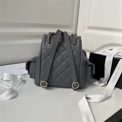 Cha.nel Backpack Grained Calfskin Gold Tone Metal Grey AS4399