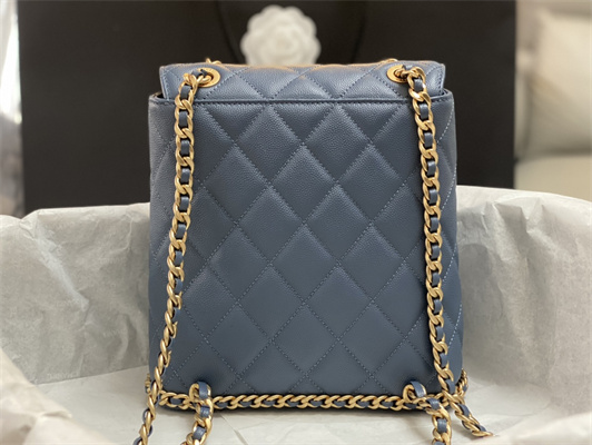 Cha.nel Backpack Grained Calfskin Gold Tone Metal Dk Blue AS4490
