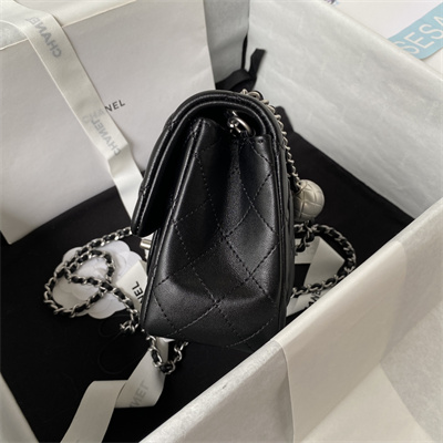 Cha.nel Super Mini Flap Bag Lambskin With Ball Silver Tone Metal Black AS1786