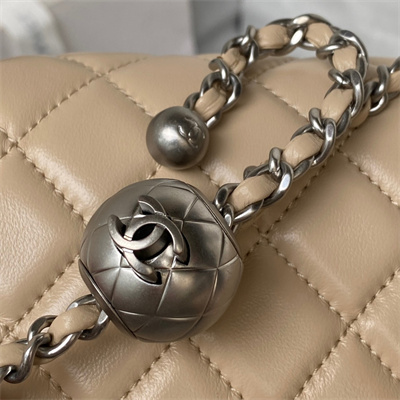 Cha.nel Super Mini Flap Bag Lambskin With Ball Silver Tone Metal Beige AS1786