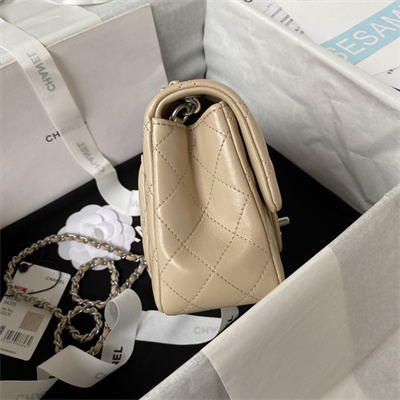 Cha.nel Super Mini Flap Bag Lambskin With Ball Silver Tone Metal Beige AS1786