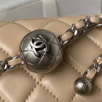 Cha.nel Mini Flap Bag Lambskin With Ball Silver Tone Metal Beige AS1787