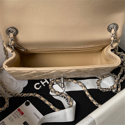 Cha.nel Mini Flap Bag Lambskin With Ball Silver Tone Metal Beige AS1787