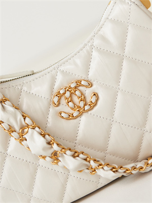Cha.nel Mini Hobo Bag Aged Calfskin Gold Tone Metal White AS3647