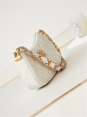 Cha.nel Mini Hobo Bag Aged Calfskin Gold Tone Metal White AS3647
