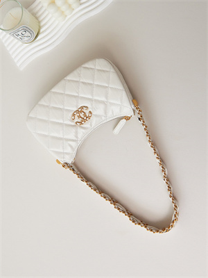 Cha.nel Mini Hobo Bag Aged Calfskin Gold Tone Metal White AS3647