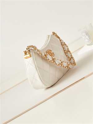Cha.nel Hobo Bag Aged Calfskin Gold Tone Metal White AS4422