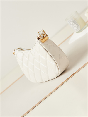 Cha.nel Hobo Bag Aged Calfskin Gold Tone Metal White AS4422
