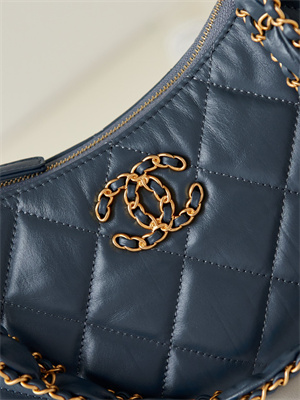 Cha.nel Hobo Bag Aged Calfskin Gold Tone Metal Navy AS4422