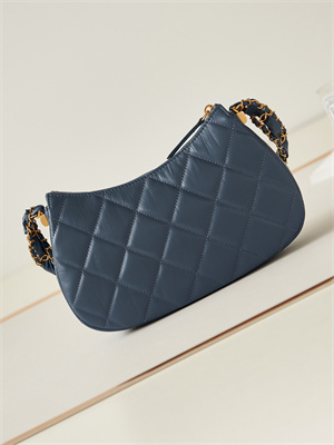 Cha.nel Hobo Bag Aged Calfskin Gold Tone Metal Navy AS4422