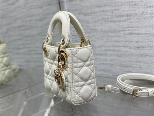 CD Micro Lady Di.or Bag Cannage Lambskin Gold Tone Metal White