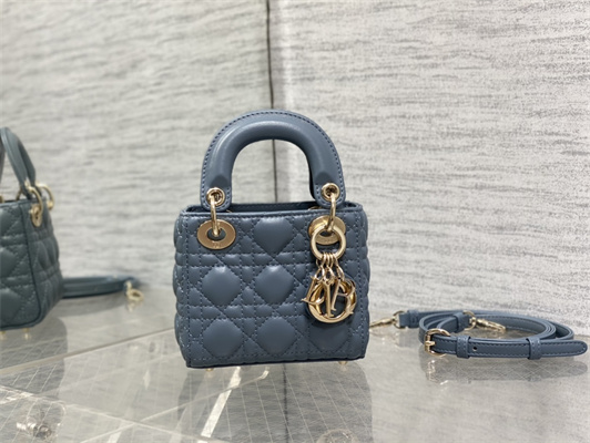 CD Micro Lady Di.or Bag Cannage Lambskin Gold Tone Metal Cloud Blue