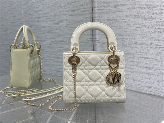 CD Mini Lady Di.or Bag Patent Cannage Calfskin  Gold Tone Metal White