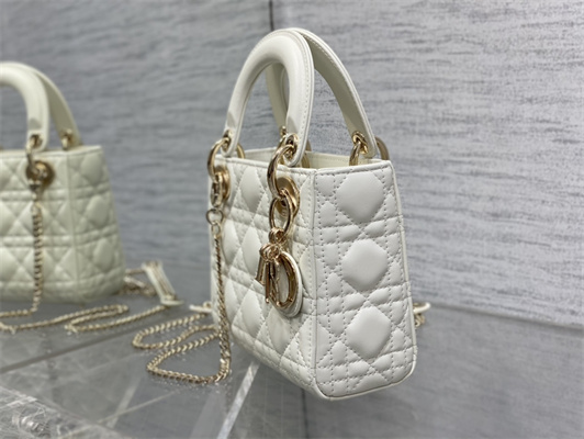 CD Mini Lady Di.or Bag Cannage Lambskin Gold Tone Metal Latte