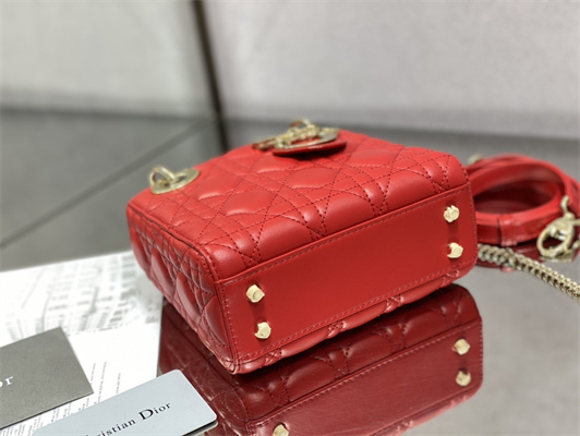 CD Mini Lady Di.or Bag Cannage Lambskin Gold Tone Metal Red
