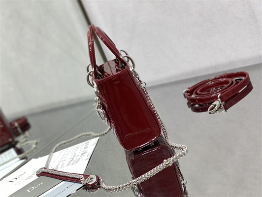 CD Mini Lady Di.or Bag Patent Cannage Calfskin Silver Tone Metal Burgundy