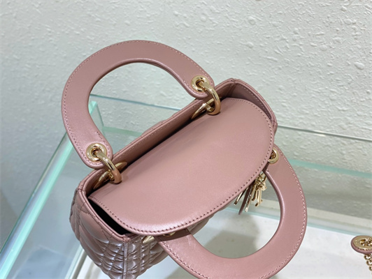 CD Mini Lady Di.or Bag Cannage Lambskin Gold Tone Metal Dusty Pink