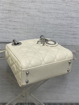 CD Mini Lady Di.or Bag Cannage Grained Calfskin Silver Tone Metal Cream