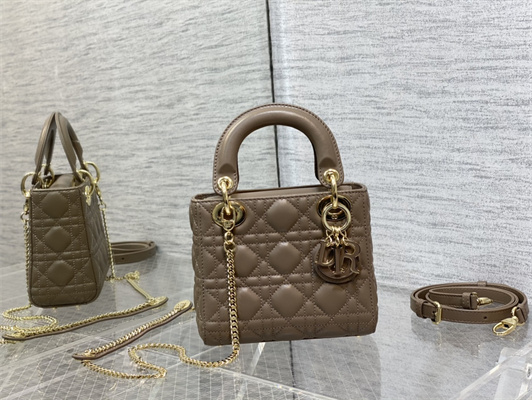 CD Mini Lady Di.or Bag Cannage Lambskin Enamel Charms Gold Tone Metal Warm Taupe