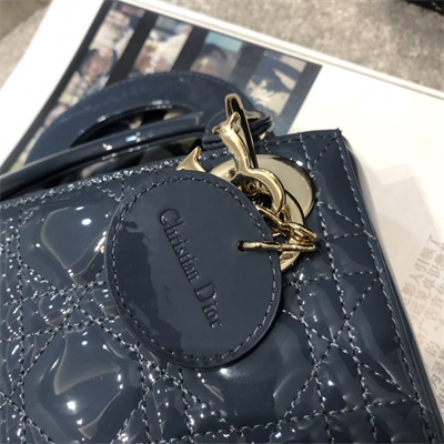 CD Mini Lady Di.or Bag Patent Cannage Calfskin Gold Tone Metal Dk Blue