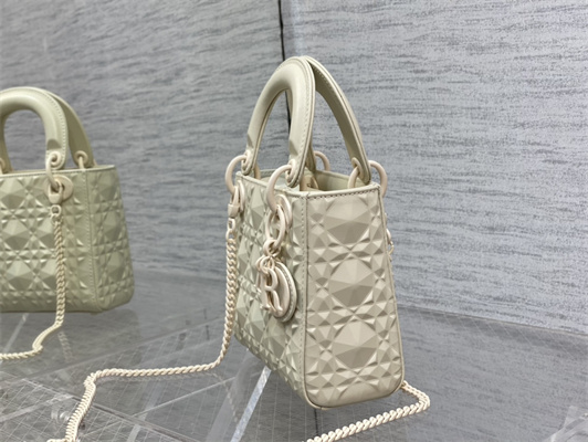 CD Mini Lady Di.or Bag Cannage Calfskin With Diamond Motif  White